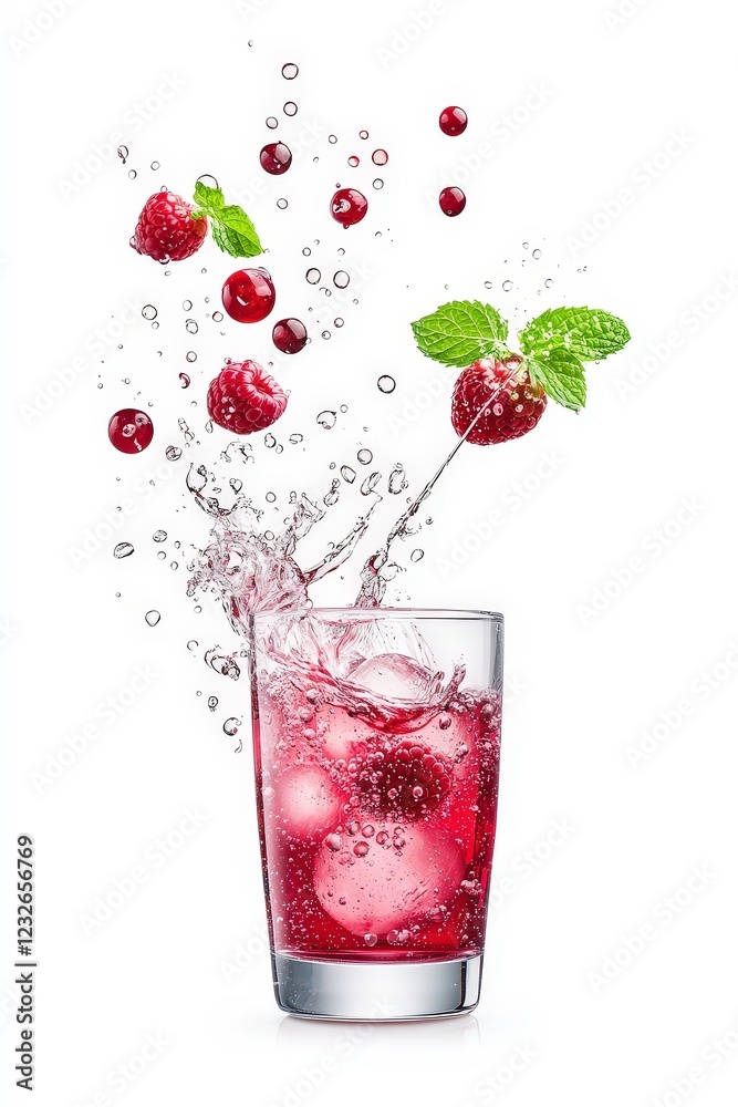 A glass of pink drink with ice cubes and a strawberry leaf on top A glass of pink drink with ice cubes and a strawberry leaf on top