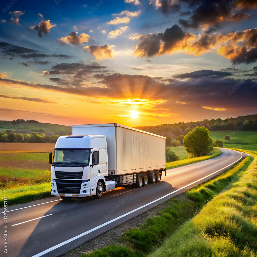 arriving white truck on the road in a rural landsc arriving white truck on the road in a rural landsc