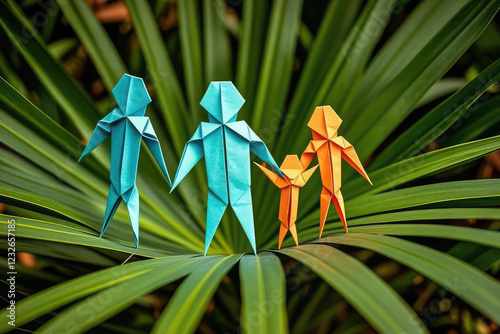 origami family with leaf background, origami family concept, origami family concept,
