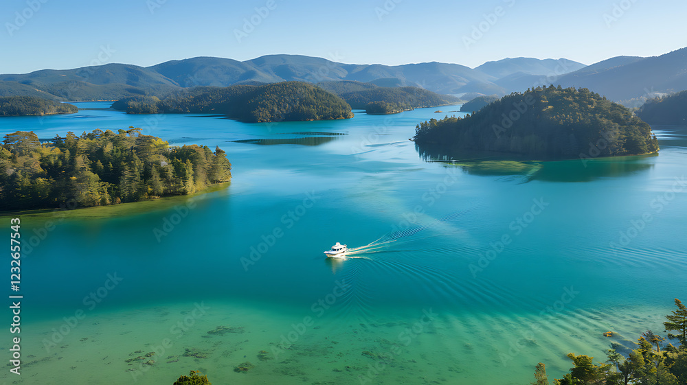 Fototapeta premium Serene Boat Journey Through Emerald Green Lake and Islands