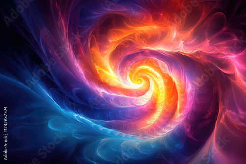 A vibrant, swirling nebula with fiery orange and cool blue hues, creating a mesmerizing cosmic spiral.