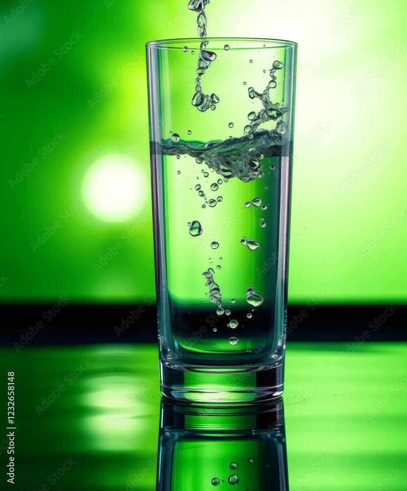 Sparkling water splashes into a clear glass against a vibrant green backdrop during a sunny afternoon Sparkling water splashes into a clear glass against a vibrant green backdrop during a sunny afternoon
