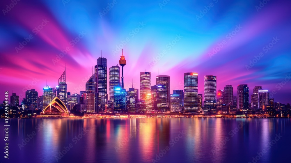 Fototapeta premium Stunning Panoramic View of City Skyline at Dusk with Vibrant Colors