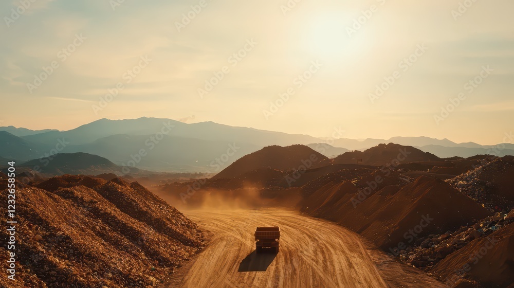 Truck Driving on Dusty Road Amidst Hills at Sunset Golden Hour Truck Driving on Dusty Road Amidst Hills at Sunset Golden Hour