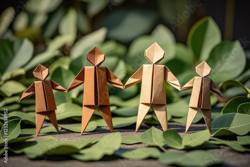 origami family with leaf background, origami family concept, origami family concept,