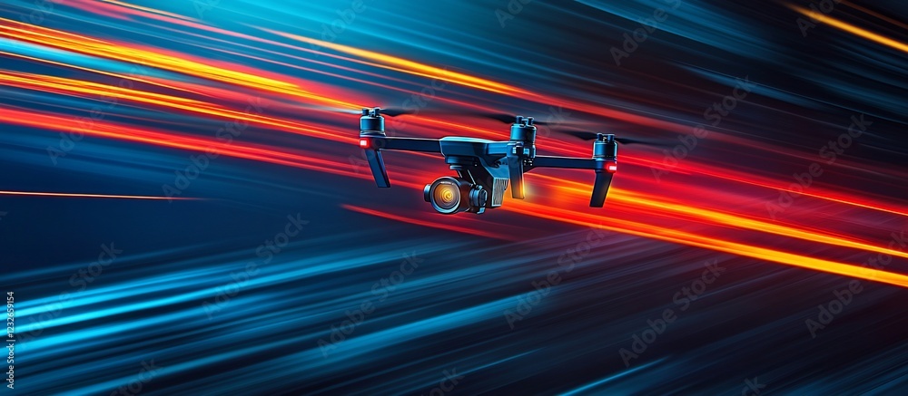 Obraz premium Fast Drone Flight, Night City Lights, Aerial Photography