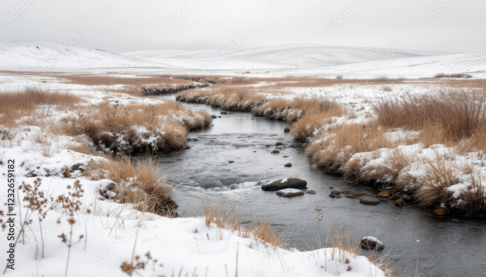 Serene Winter Stream in Snow-Covered Valley Serene Winter Stream in Snow-Covered Valley