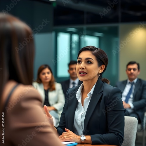 Mujer hispana en reunión de oficina, participando activamente en la conversación photo