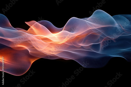 Abstract flowing wave design with orange and blue hues on a transparent background.