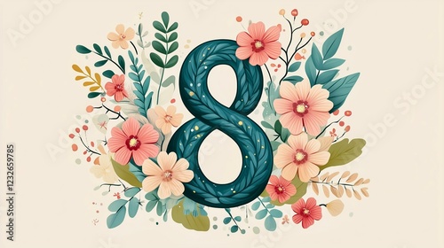 Floral Number Eight Design. Artistic illustration of number 8 with flowers and leaves. Perfect for greeting cards and celebrations.