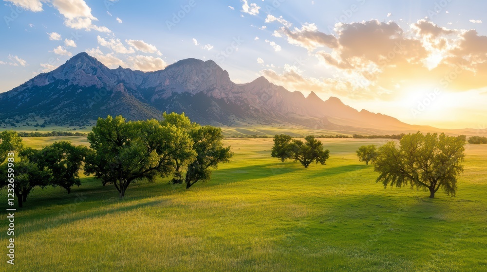 Scenic Sunrise Over Green Fields and Mountains in Colorado Landscape Scenic Sunrise Over Green Fields and Mountains in Colorado Landscape