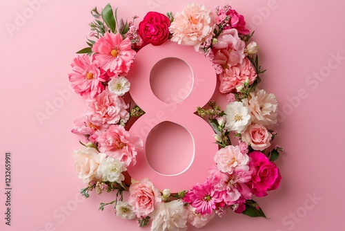 Floral Number Eight Composition. Number 8 made of colorful flowers on a pink background, perfect for celebrations, weddings, or spring events.