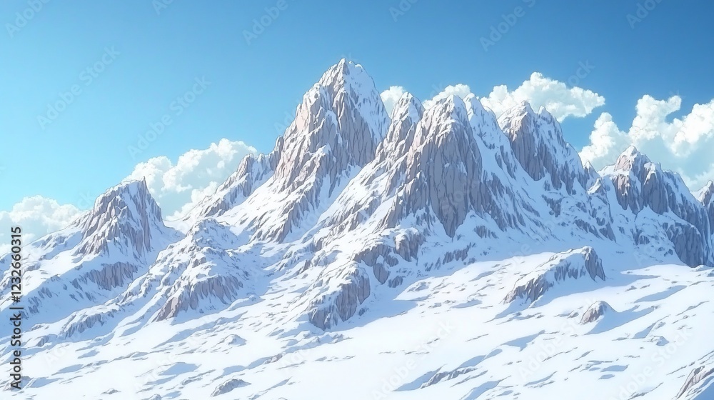 Fototapeta premium Snowy mountain range landscape, sunny day, clouds, travel poster