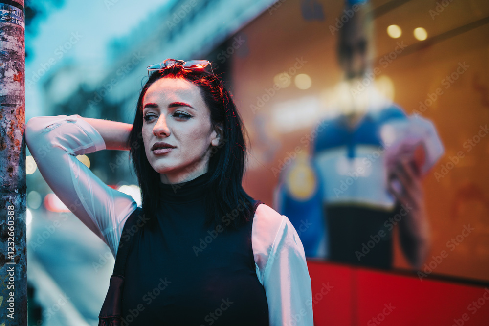 Fototapeta premium A young woman with black hair leans against a pole in an urban city setting. The evening atmosphere and blurred city lights create a moody and contemplative vibe.
