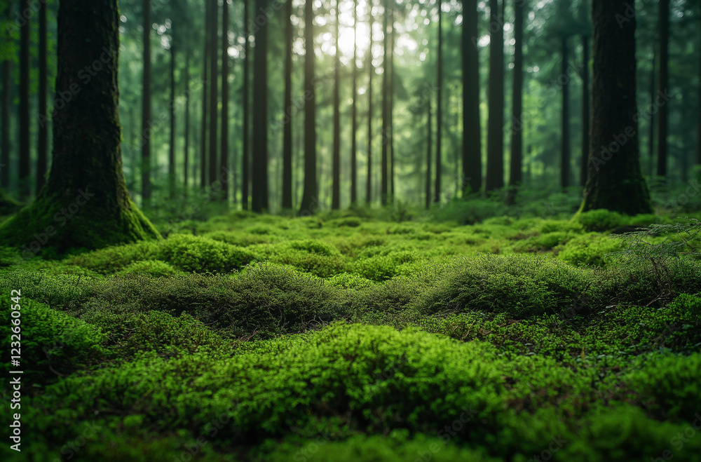 Moss-covered ground in the forest, surrounded by tall trees. 