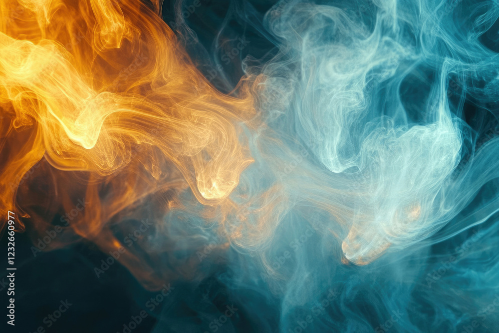 Abstract image of swirling teal and orange smoke, creating a dynamic and ethereal visual effect. Abstract image of swirling teal and orange smoke, creating a dynamic and ethereal visual effect.