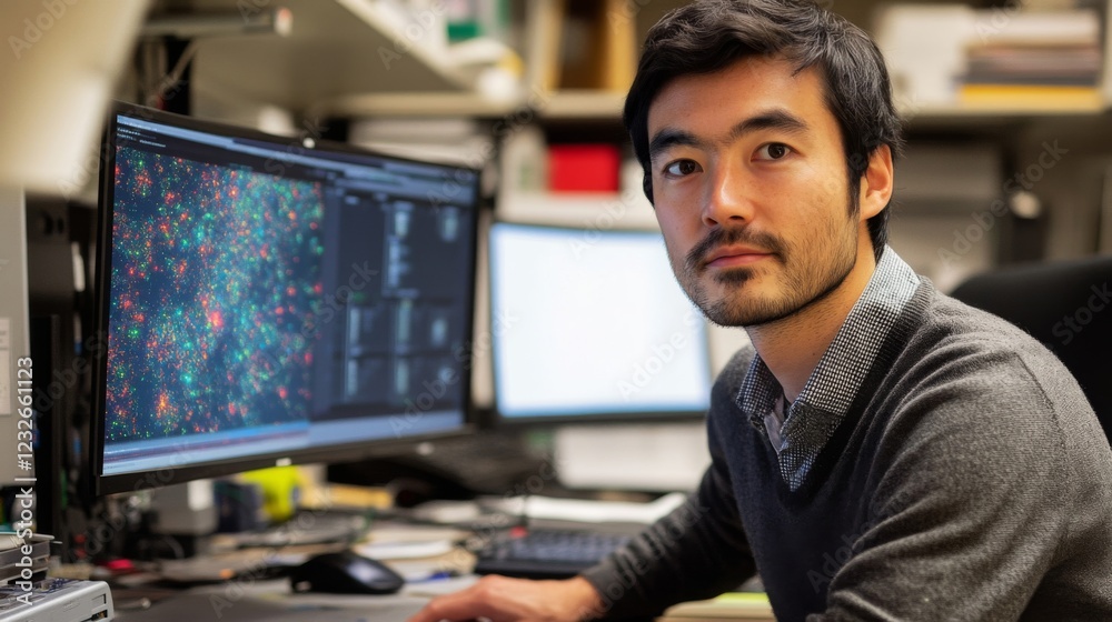Portrait of a Focused Asian Man Working at a Computer with Data Visualization on Screen Portrait of a Focused Asian Man Working at a Computer with Data Visualization on Screen