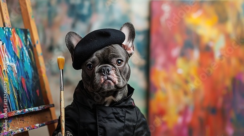 An adorable French Bulldog in artist custume with a beret and paintbrush photo