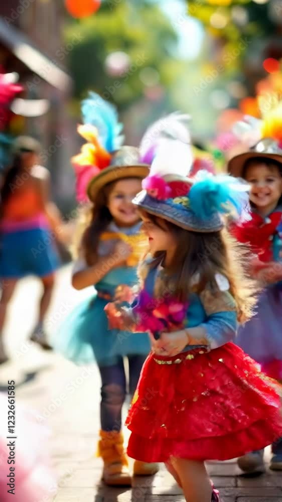 Children in Carnival Costumes Dance Joyfully Down a Cobblestone Street Children in Carnival Costumes Dance Joyfully Down a Cobblestone Street