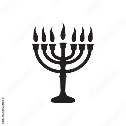 Menorah silhouette, Jewish candelabra, nine branches, Hanukkah symbol, black and white