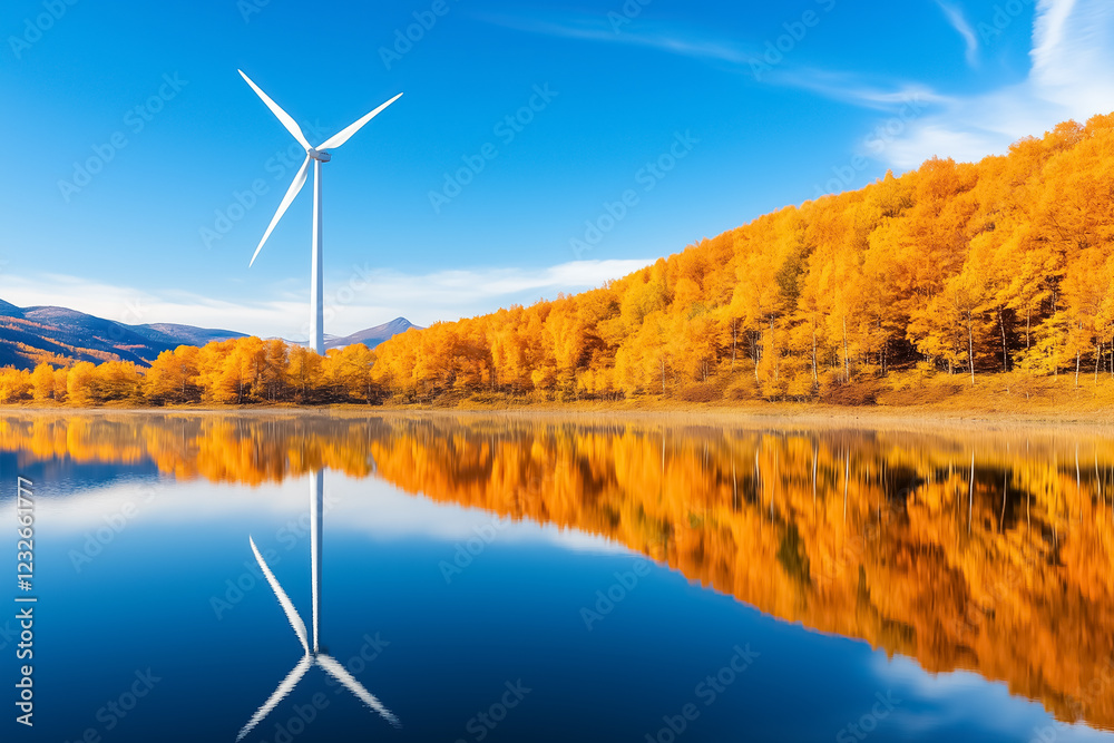 Obraz premium A wind turbine stands tall reflecting in tranquil water surrounded by vibrant autumn trees. This serene landscape captures the essence of renewable energy in nature's beauty