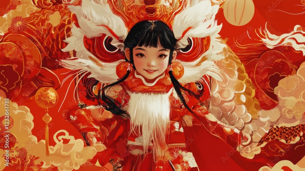 Fototapeta premium Smiling Girl in Red Lion Dance Costume Festive Illustration