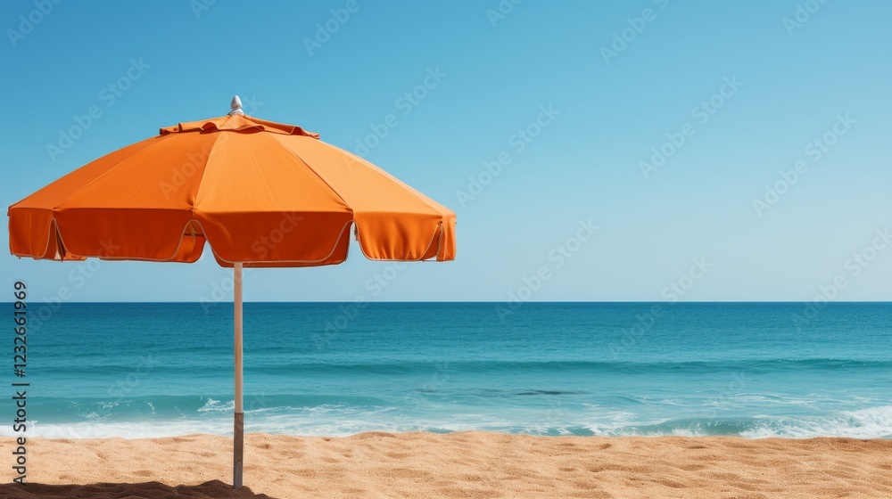 A minimalist image of a sun drenched beach with a single, colorful beach umbrella casting a shadow on the white sand. A minimalist image of a sun drenched beach with a single, colorful beach umbrella casting a shadow on the white sand.