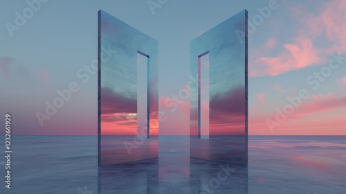 Ethereal Mirrored Doors Reflecting Sunset Over Calm Water Surface