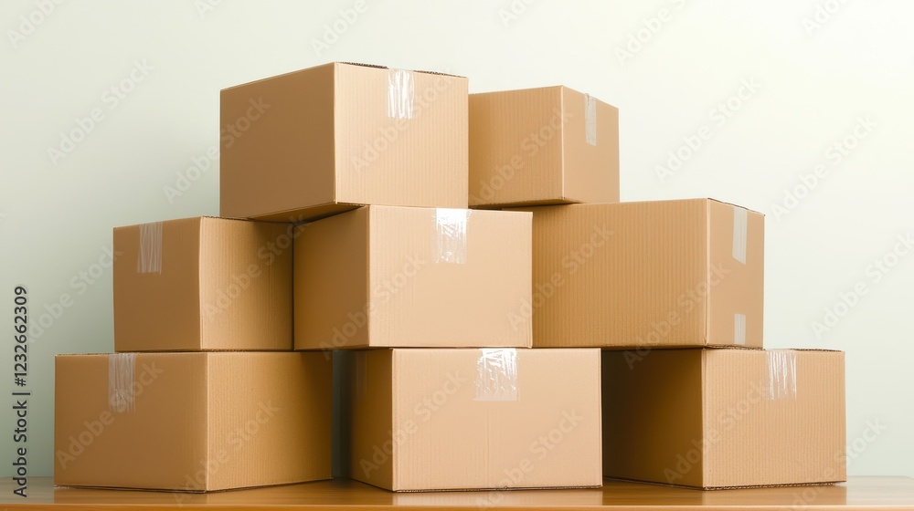 Stacked Brown Cardboard Boxes on a Wooden Surface Against Wall Stacked Brown Cardboard Boxes on a Wooden Surface Against Wall