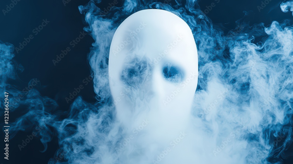 Fototapeta premium Mysterious White Mask Surrounded by Ethereal Smoke in Dark Lighting