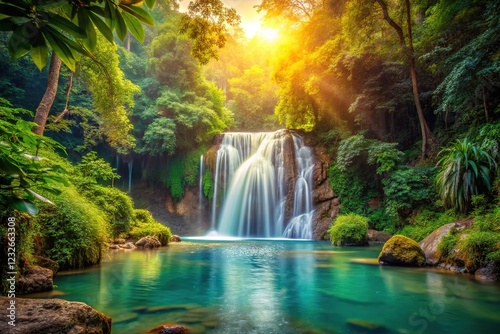 Vintage rainforest waterfall panorama, a stunning vista.