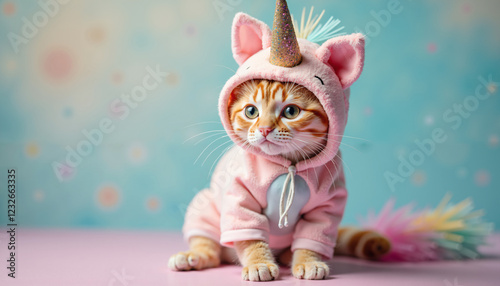 Adorable Kitten in Pink Unicorn Costume Pastel Background Cute Pet Fashion photo