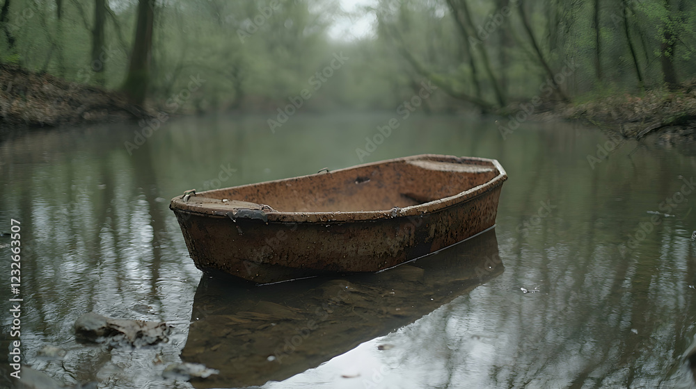 Rusty boat on calm river in misty forest Rusty boat on calm river in misty forest