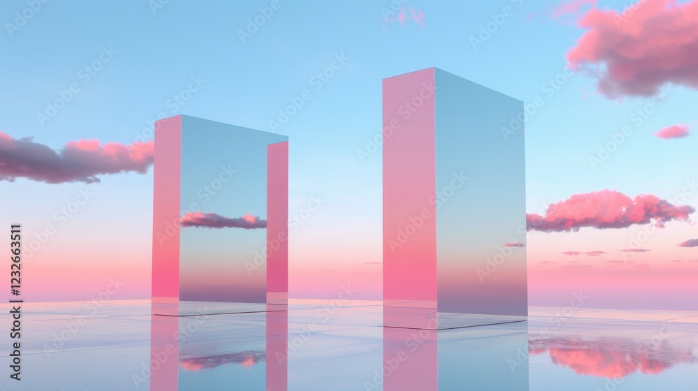 Fototapeta premium Reflective Glass Structures in Pink and Blue Sky at Sunset