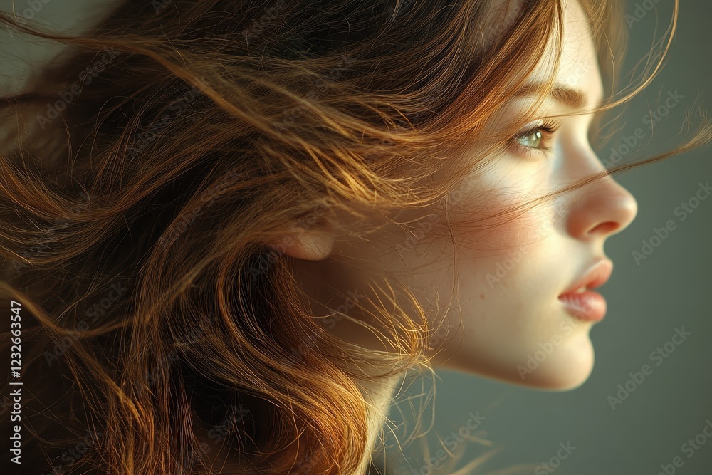 Portrait of a young woman with flowing hair and serene expression during golden hour Portrait of a young woman with flowing hair and serene expression during golden hour
