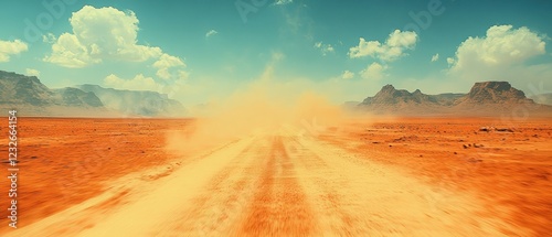 Desert road featuring red dirt path stretching into the horizon under a clear blue sky photo