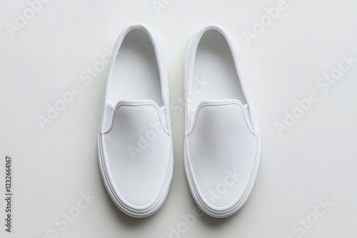 A simple pair of white canvas slip-on shoes arranged symmetrically on a white background