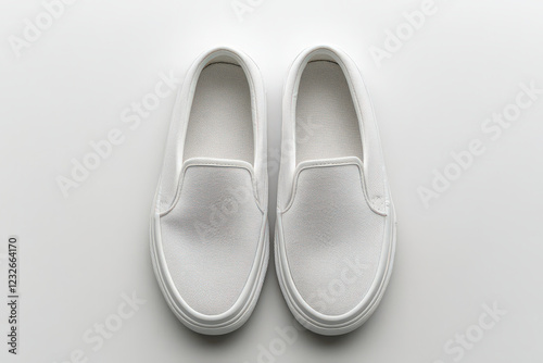 A simple pair of white canvas slip-on shoes arranged symmetrically on a white background