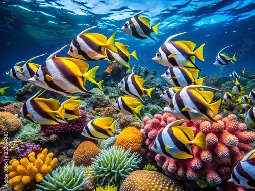 Schooling Bannerfish near Coral Reef, Maldives - Aerial Drone View photo