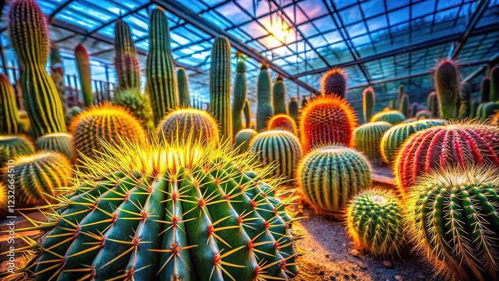 Obraz premium Stunning timelapse of greenhouse cacti, a nature-inspired AI art piece.