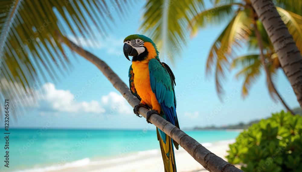 Vibrant Blue and Gold Macaw Perched on Palm Tree Branch at Tropical Beach Paradise Vibrant Blue and Gold Macaw Perched on Palm Tree Branch at Tropical Beach Paradise