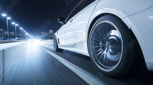 White car speeding city night highway blur