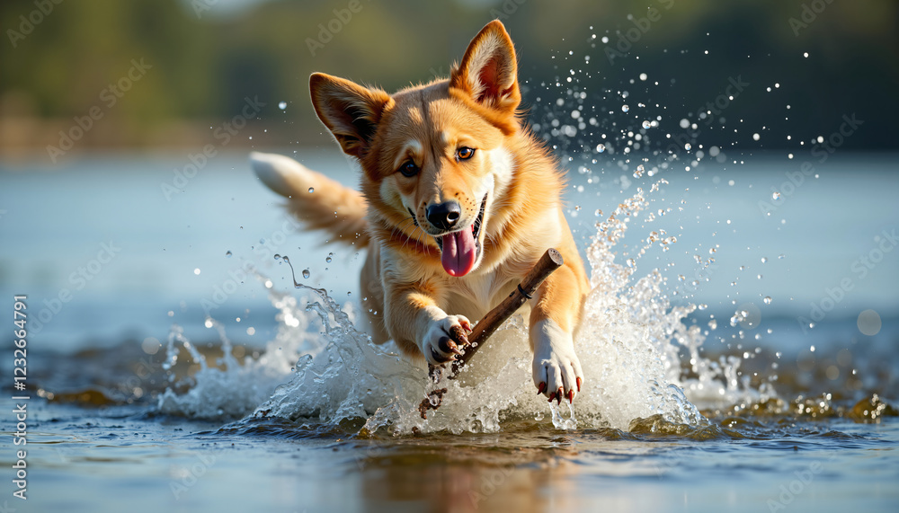 Happy Red Dog Running in Water with Stick Fetching Splashing Fun Happy Red Dog Running in Water with Stick Fetching Splashing Fun