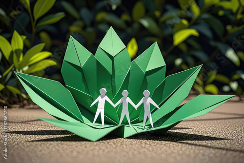 origami family with leaf background, origami family concept, origami family concept,