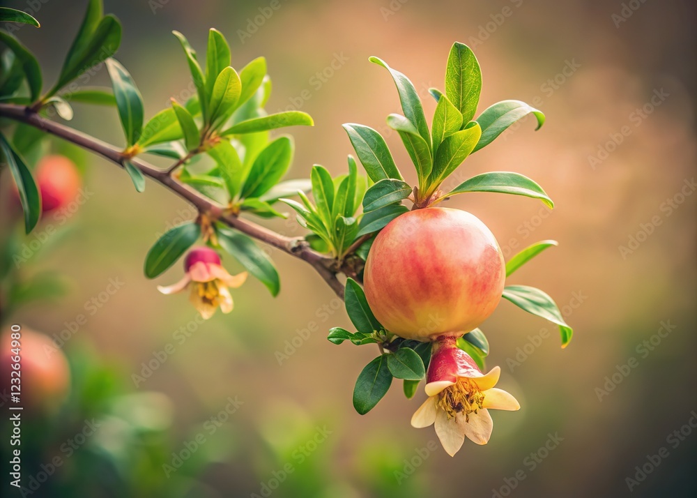 Simple pomegranate blooms and fruit, a minimalist view. Simple pomegranate blooms and fruit, a minimalist view.