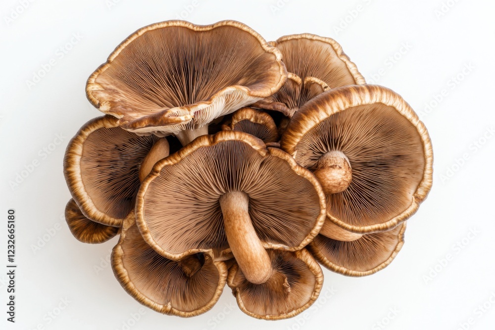 Brown Beech mushroom cluster with glossy brown caps on white background, isolated fungi illustration, educational concept Brown Beech mushroom cluster with glossy brown caps on white background, isolated fungi illustration, educational concept