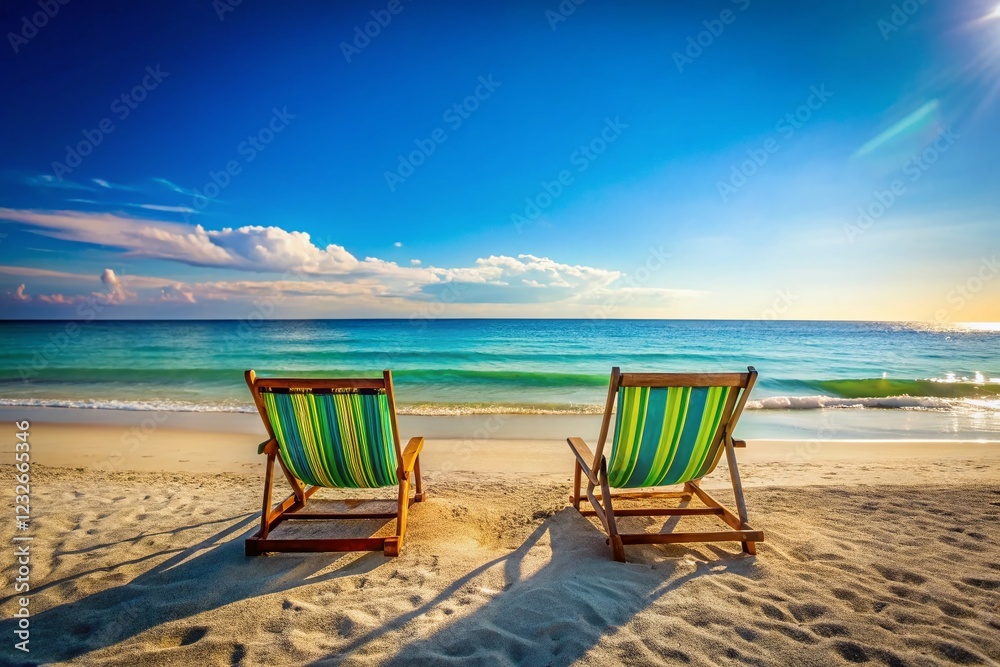 Serene Beach Scene: Calm Ocean, Clear Sky, Empty Beach Chairs Serene Beach Scene: Calm Ocean, Clear Sky, Empty Beach Chairs