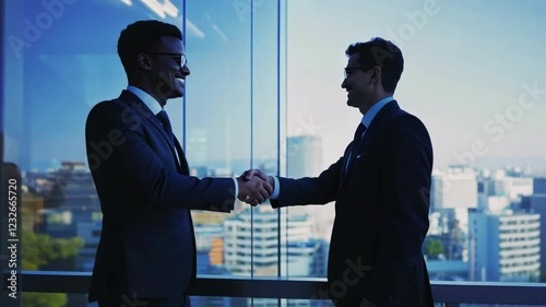 Successful Business Deal: Two Businessmen Shake Hands in Modern Office with City View