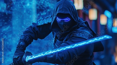 Cyberpunk Ninja with Glowing Katana photo