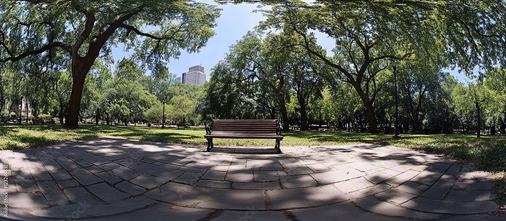 Park bench, shady trees, city backdrop, summer Park bench, shady trees, city backdrop, summer